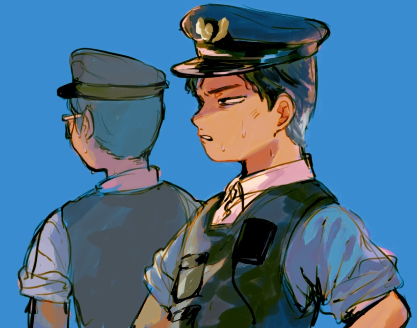 29_kyuu 2boys black_hair black_vest blue_background blue_hat brothers bulletproof_vest collared_shirt daimon_kenshirou daimon_koushirou frown hat highres japan_national_police male_focus multiple_boys odd_taxi police police_hat police_uniform policeman shirt short_hair siblings simple_background sketch squinting sweat twins upper_body vest