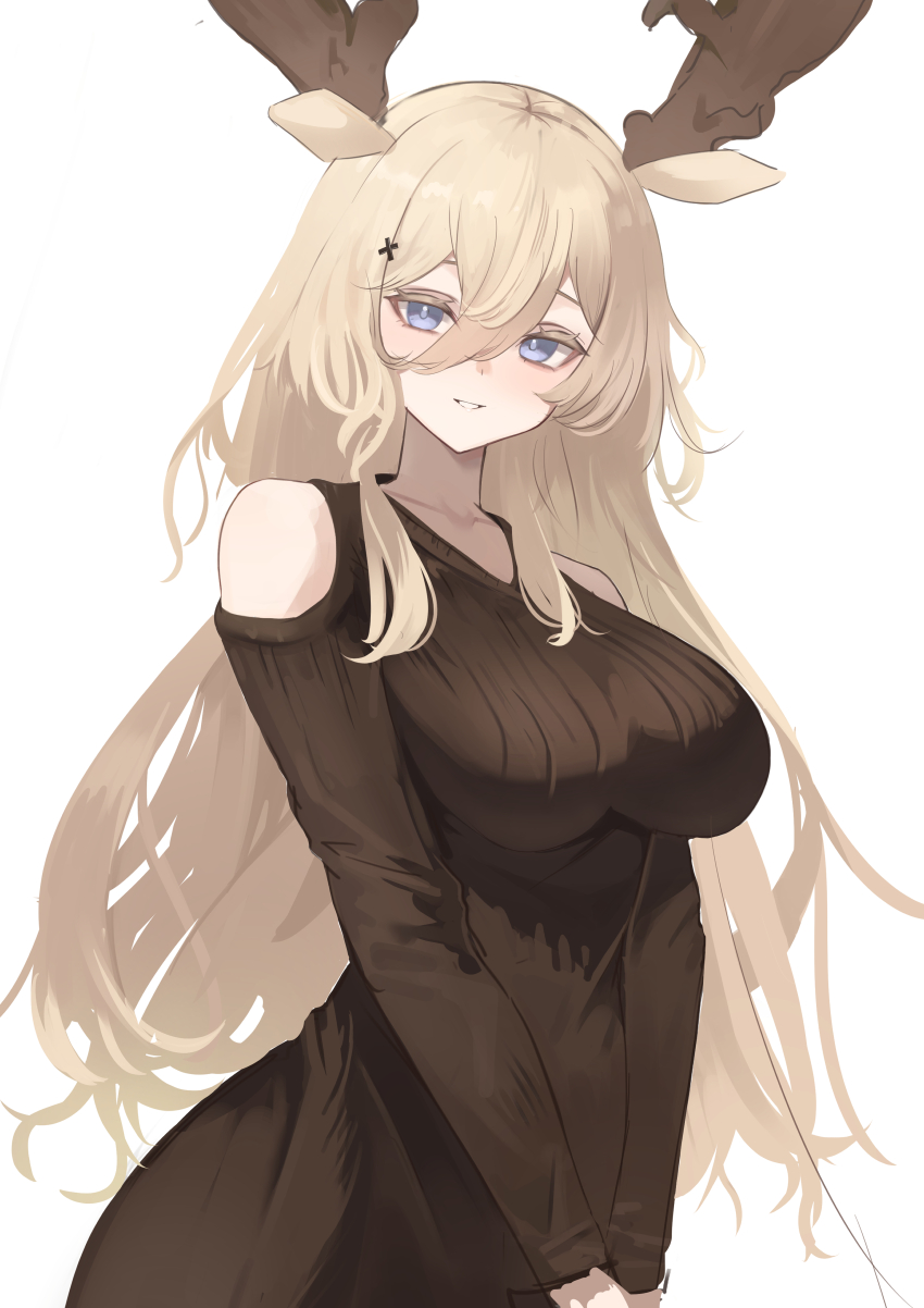 1girl absurdres animal_ears antlers arknights bare_shoulders blonde_hair breasts brown_dress clothing_cutout collarbone commentary dress hair_between_eyes hair_ornament highres horns large_breasts long_bangs long_hair long_sleeves looking_at_viewer purple_eyes remapack77 shoulder_cutout simple_background smile solo sweater sweater_dress v-neck v_arms viviana_(arknights) white_background x_hair_ornament