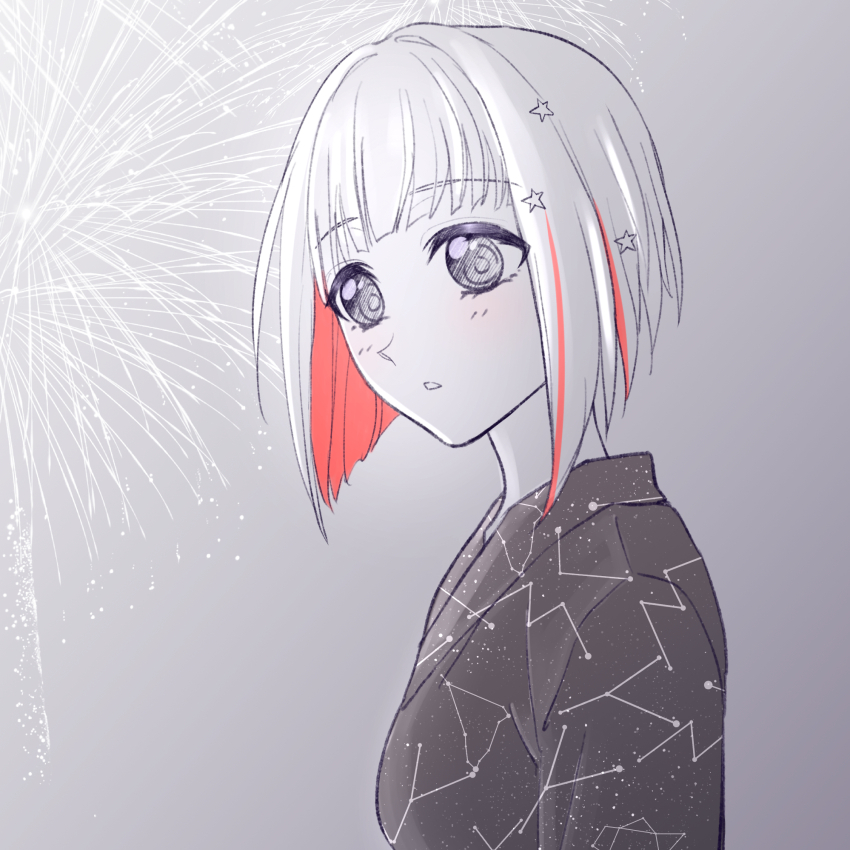 1girl aegis_zan aerial_fireworks alternate_costume bob_cut breasts cancer_(constellation) capricorn_(constellation) cassiopeia_(constellation) colored_inner_hair commentary constellation constellation_print diagonal_bangs fireworks from_side gradient_background grey_background greyscale hair_ornament highres inverted_bob japanese_clothes kimono light_blush link!_like!_love_live! looking_to_the_side love_live! monochrome multicolored_hair open_mouth print_kimono red_hair red_streaks sagittarius_(constellation) short_hair small_breasts solo spot_color star_(symbol) star_hair_ornament streaked_hair virtual_youtuber yugiri_tsuzuri yukata