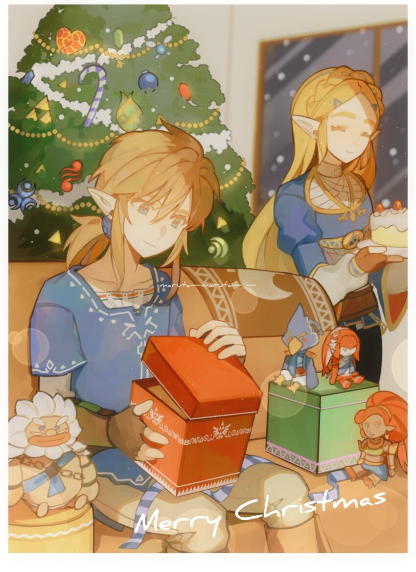 1boy 1girl black_pants blue_eyes blue_shirt blue_tunic boots border box braid brown_boots brown_gloves cake candy candy_cane character_doll christmas_ornaments christmas_tree closed_eyes closed_mouth crown_braid daruk doll feet_out_of_frame fingerless_gloves food gift gift_box gloves gold_trim grey_pants hair_between_eyes hair_ornament hair_tie hairclip highres holding holding_cake holding_food indoors link long_hair low_ponytail maruta_maruta medium_hair merry_christmas mipha nintendo pants parted_bangs ponytail princess_zelda revali shirt sidelocks sitting smile snow standing the_legend_of_zelda the_legend_of_zelda:_breath_of_the_wild triforce tunic upper_body urbosa white_border window