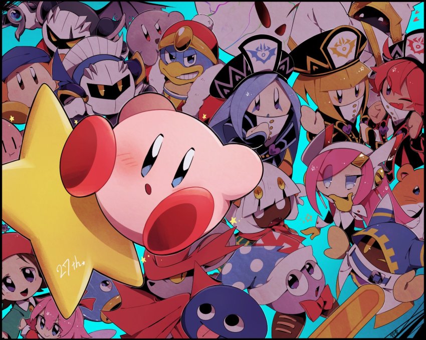 6+girls adeleine bandana_waddle_dee blunt_bangs coo_(kirby) dark_meta_knight daroach everyone flamberge_(kirby) francisca_(kirby) gooey_(kirby) hat highres hyness kine_(kirby) king_dedede kirby kirby:_planet_robobot kirby:_star_allies kirby_(series) magolor marx_(kirby) meta_knight multiple_boys multiple_girls nintendo rayman_limbs ribbon_(kirby) rick_(kirby) scar scar_across_eye scar_on_face shadow_kirby susie_(kirby) suzuyuki_cafe taranza top_hat void_(kirby) void_termina warp_star zan_partizanne