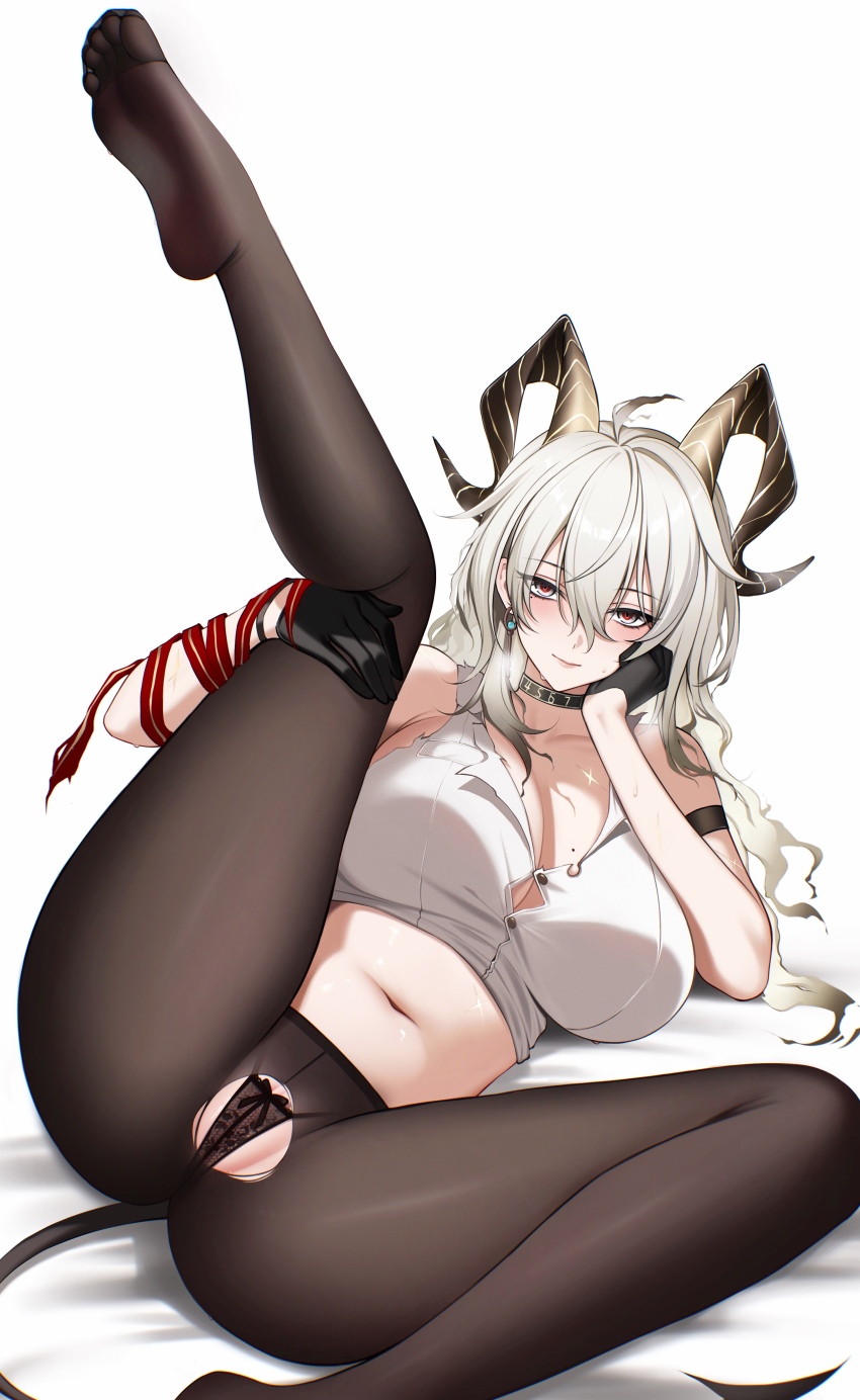 1girl absurdres arm_strap ateoyh bare_shoulders black_choker black_gloves black_horns black_panties black_pantyhose black_tail blush breasts breath bright_pupils button_gap choker closed_mouth collarbone commentary crotch_cutout curled_horns demon_tail earrings gloves hair_between_eyes highres holding_own_leg horns jewelry key_earrings large_breasts leg_up long_hair looking_at_viewer lying mole mole_on_breast navel necktie necktie_around_wrists no_pants no_shoes on_back paid_reward_available panties pantyhose pussy pussy_peek red_eyes red_necktie shirt simple_background solo spread_legs stomach sweat tail thighs torn_clothes torn_shirt underwear white_background white_pupils white_shirt wuthering_waves zani_(wuthering_waves)