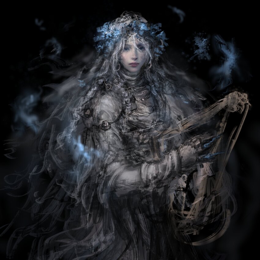 1girl absurdres all_lee24 black_background blue_eyes braid cracked_skin doll_joints elden_ring elden_ring_nightreign flower_wreath head_wreath highres holding holding_instrument holding_lyre instrument joints long_hair looking_at_viewer low_twin_braids lyre music parted_lips playing_instrument revenant_(elden_ring) solo spirit twin_braids veil white_hair white_veil wide_sleeves