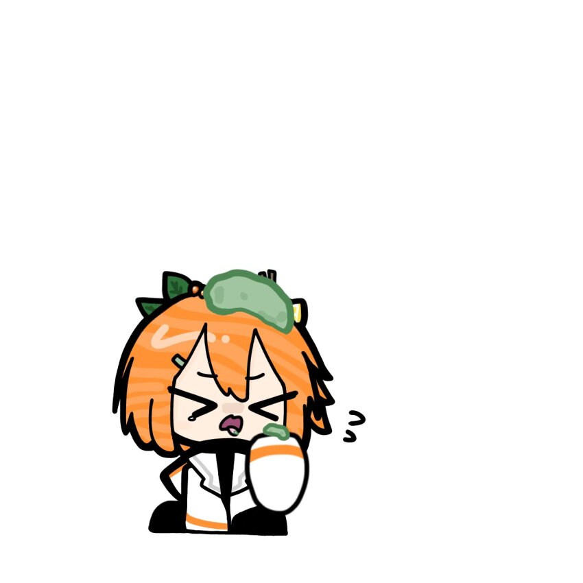 &gt;_&lt; 1girl a.i._voice adachi_rei chibi chibi_only closed_eyes flying_teardrops food-themed_hair food_in_mouth full_body hair_ornament hand_up highres jacket leaf_hair_ornament long_sleeves medium_hair open_clothes open_jacket orange_hair salmon_(fish) simple_background sitting solo sparrow_1016 utau wasabi white_background white_jacket