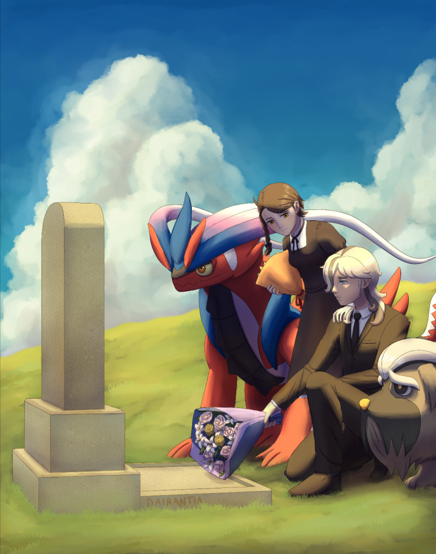 1boy 1girl ahoge arven_(pokemon) aurantia_ignis black_dress black_necktie blue_eyes blue_sky bouquet brown_hair dress flower hair_over_one_eye hand_on_another&#039;s_shoulder highres holding holding_bouquet juliana_(pokemon) kneeling koraidon looking_at_another mabosstiff necktie nintendo pokemon pokemon_(creature) pokemon_sv sky tombstone