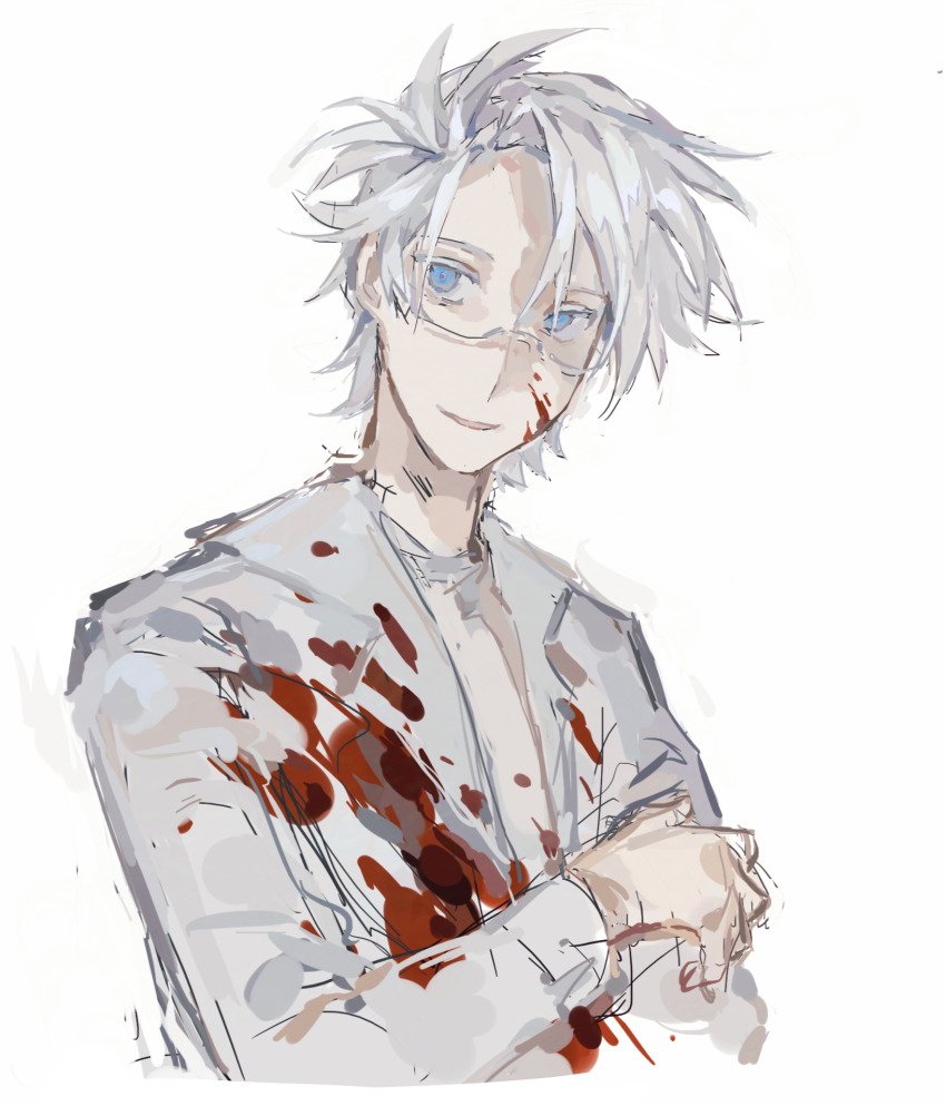 1boy blood blood_on_clothes blood_on_face blue_eyes chinese_commentary colored_eyelashes commentary_request cropped_torso crossed_arms glasses highres jacket kanou_aogu lab_coat lapels lei_renqun_xing_shanyao_shi long_sleeves male_focus notched_lapels open_clothes open_jacket open_mouth saibou_shinkyoku semi-rimless_eyewear shirt short_hair simple_background sketch smile solo white_background white_hair white_shirt