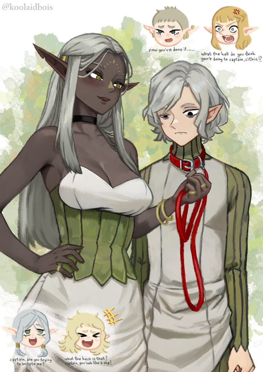 2boys 4girls anger_vein bags_under_eyes bare_shoulders black_eyes blonde_hair blue_eyes blush breasts chibi chibi_inset choker cithis cleavage collar dark-skinned_female dark_elf dark_skin dungeon_meshi elf english_text facial_mark fleki forehead_mark gorget green_eyes grey_hair hand_on_own_hip highres holding holding_leash jewelry koolaidbois large_breasts lazy_eye leash long_hair long_sleeves looking_at_another low_twintails lycion mithrun multiple_boys multiple_girls notched_ear open_mouth otta_(dungeon_meshi) pattadol pointy_ears red_collar red_leash shirt short_hair smile tunic twintails uneven_eyes very_short_hair yellow_eyes