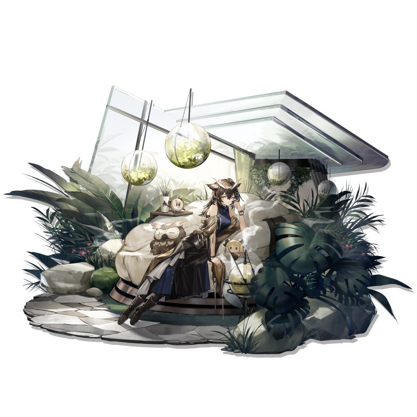1girl absurdres alarm_clock alpha_transparency arknights bare_shoulders black_skirt boots brown_boots brown_hair character_name clock closed_mouth curtains dress fern full_body hair_between_eyes hand_up highres ifrit_(arknights) jewelry jiuri_jiuhao leaning_on_object leaning_to_the_side loading_screen long_hair looking_at_viewer official_alternate_costume official_art on_bed one_eye_closed overskirt plant potted_plant purple_dress rock silence_(arknights) silence_the_paradigmatic_(arknights) silence_the_paradigmatic_(habitat)_(arknights) sitting skirt sleeveless sleeveless_dress solo stuffed_owl stuffed_toy third-party_source vase wristband
