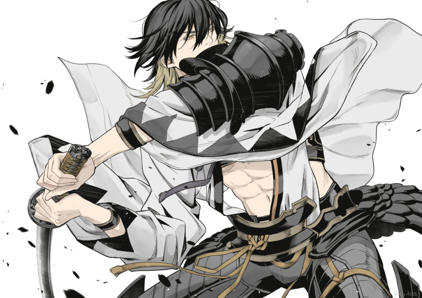 1boy abs armor attack black_armor black_hair blonde_hair commentary_request debris faulds floating_clothes grey_pants hair_between_eyes holding holding_sword holding_weapon long_sleeves looking_ahead male_focus midriff mint_(kiri0120) multicolored_hair nagasone_kotetsu pants pauldrons shoulder_armor solo sword touken_ranbu weapon white_background wide_sleeves yellow_eyes