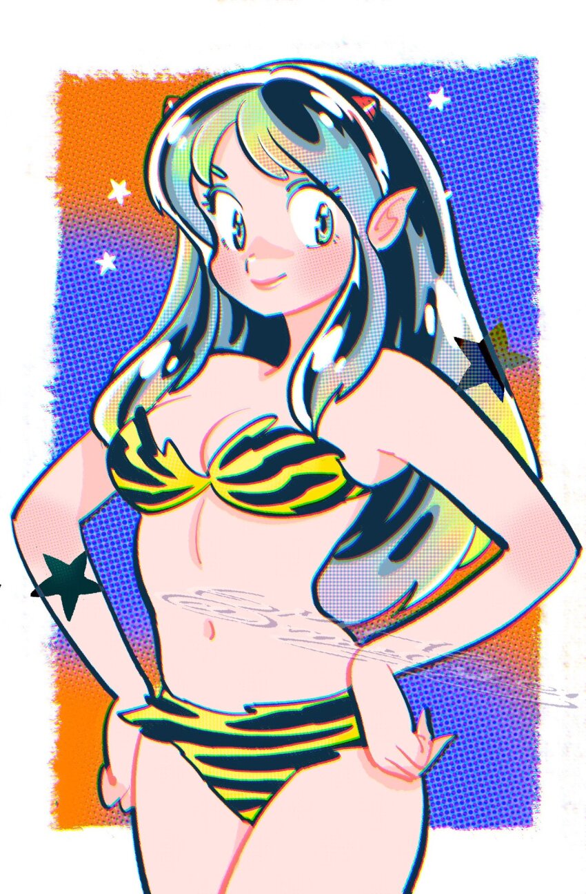 1girl animal_print bikini breasts cleavage cone_horns hands_on_own_hips highres horns long_hair looking_at_viewer lum muda_rengou_to_ziggy_stardust navel pointy_ears print_bikini sidelocks signature smile solo star_(symbol) swimsuit tiger_print urusei_yatsura