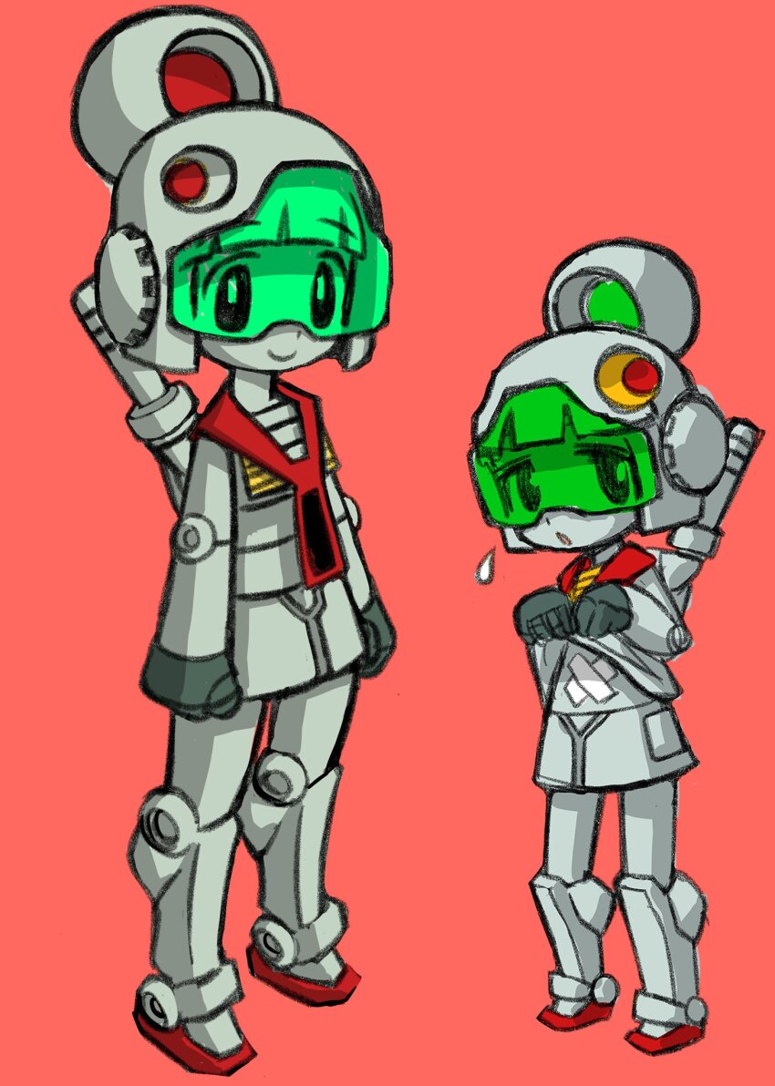 2girls armor armored_boots arms_at_sides assault_visor bandaid_on_stomach boots clenched_hands closed_mouth clothes_lift commentary_request crossed_bandaids flying_sweatdrops gm_(mobile_suit) gm_ii green_visor gundam height_difference helmet highres humanization izuna_yoshitsune lifting_own_clothes looking_at_viewer mecha_musume mobile_suit_gundam multiple_girls parted_lips pink_background shirt_lift simple_background smile standing zeta_gundam