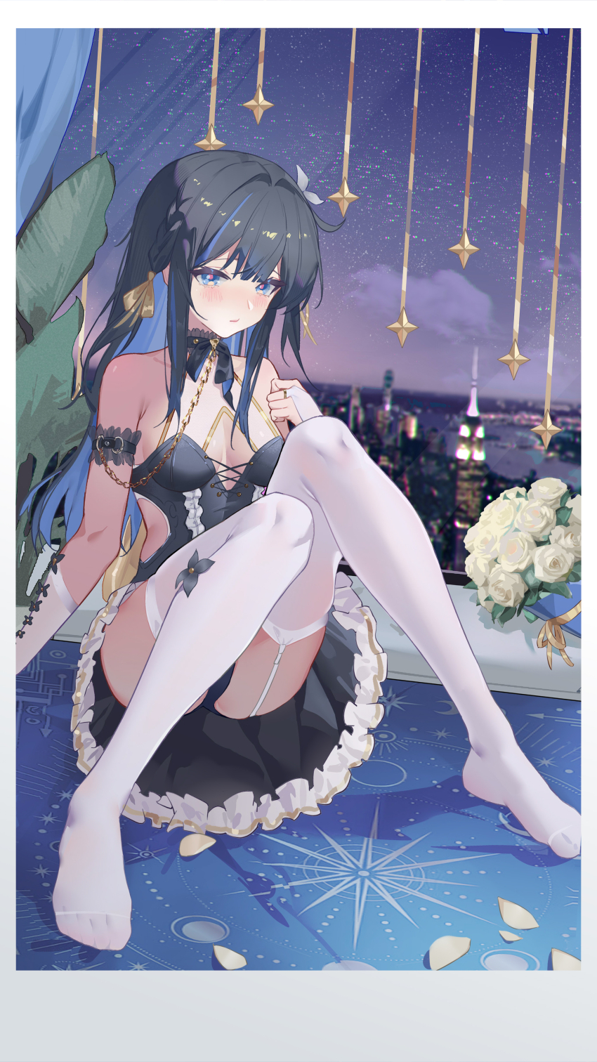 1girl absurdres armlet armpit_crease bare_shoulders black_choker black_dress black_hair black_panties blue_eyes blue_hair blush breasts bridal_gauntlets chain chinese_commentary choker chromatic_aberration cleavage closed_mouth clothing_cutout colored_inner_hair comet-c commentary_request commission dress feet garter_straps hair_ornament hair_ribbon highres jewelry knees_together_feet_apart knees_up looking_at_viewer medium_breasts multicolored_hair night night_sky no_shoes original panties pink_pupils pixiv_commission ribbon side_cutout sitting sky solo streaked_hair thighhighs toes underwear white_bridal_gauntlets white_garter_straps white_thighhighs yellow_ribbon