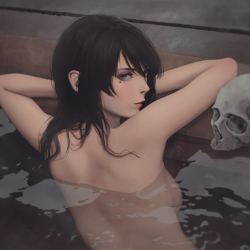 1girl back backboob black_hair breasts brown_eyes closed_mouth crossed_arms female_focus from_behind highres kujou_sakurako lips long_hair looking_at_viewer looking_back medium_breasts miura-n315 mole mole_under_eye nude partially_submerged sakurako-san_no_ashimoto_ni_wa_shitai_ga_umatteiru skull solo upper_body water