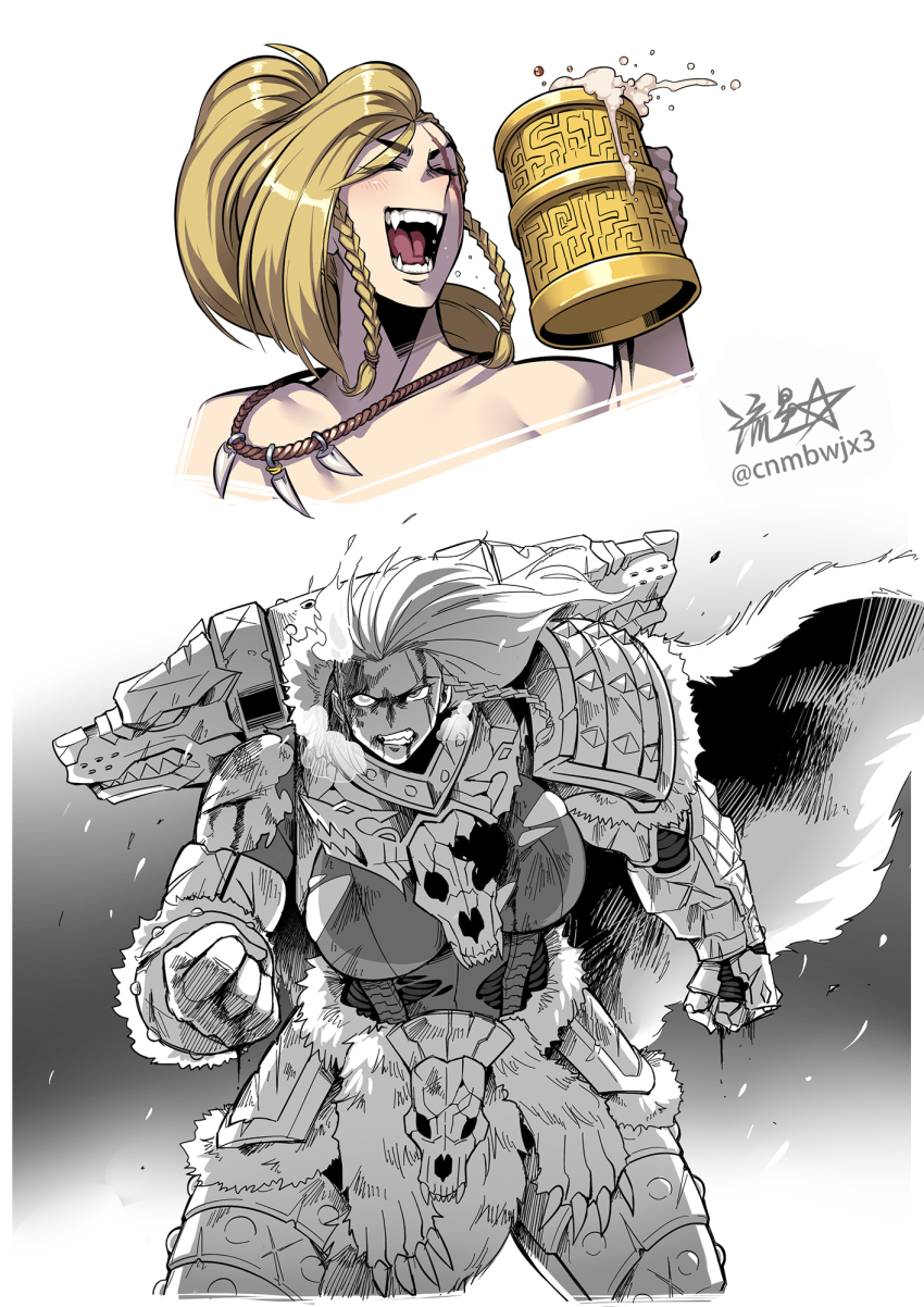 1girl :d adeptus_astartes alcohol angry animal_skull armor beer beer_mug blonde_hair blood blood_from_mouth blood_on_clothes blood_on_face blood_on_hands blush boobplate braid breastplate breath cape clenched_hand clenched_teeth commentary cup damaged drink fang fang_out fangs fighting_stance fur_cape gauntlets genderswap genderswap_(mtf) greaves heavy_breathing highres holding holding_cup injury jewelry laughing leman_russ long_hair mug multiple_views necklace open_mouth pauldrons pelt pelvic_curtain ponytail primarch ryuusei_(mark_ii) scar scar_across_eye scar_on_face shoulder_armor shoulder_spikes side_braids signature simple_background smile space_wolves spikes tankard teeth tooth_necklace torn torn_clothes warhammer_40k white_background