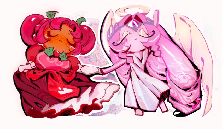 2girls angel angel_wings breasts colored_skin cookie_run cookie_run:_kingdom dark-skinned_female dark_skin demon_girl double_bun dress elbow_gloves eternal_sugar_cookie gloves hair_bun highres holding_hands hollyberry_cookie long_hair looking_at_another medium_breasts multiple_girls pink_dress pink_eyes pink_hair pink_skin pinkiepig puffy_short_sleeves puffy_sleeves short_sleeves very_long_hair white_dress white_gloves wings