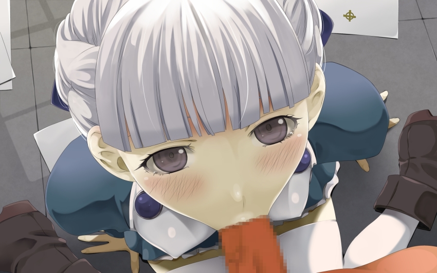 1girl :&gt;= alice_elliot black_eyes blush boots breasts censored covered_erect_nipples fellatio highres legs looking_at_viewer mosaic_censoring oral paper penis pov puffy_sleeves shadow_hearts sitting small_breasts solo_focus tears teitetsu_kishidan thighhighs thighs white_hair white_thighhighs