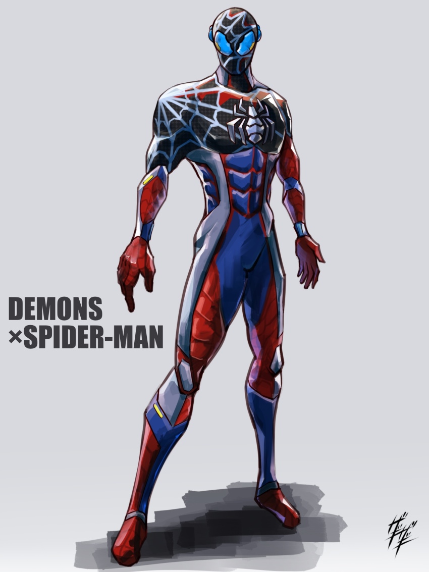 1boy abs armor belt blue_eyes bodysuit character_name cowboy_shot crossover full_body fusion gloves highres kamen_rider kamen_rider_demons kamen_rider_revice looking_at_viewer male_focus marvel marvel_cinematic_universe mask no_pupils red_footwear red_gloves silk spider-man spider-man_(series) spider_genome spider_web superhero_costume tokusatsu trait_connection zagizagi