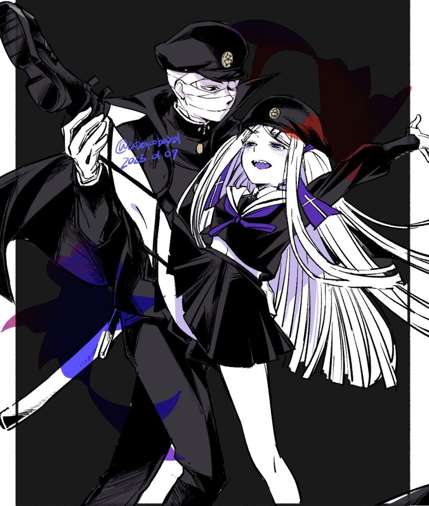 1boy 1girl arm_up atyakodayo1 bags_under_eyes bandaged_head bandages black_background black_cape black_jacket boots cape colored_tongue combat_boots covered_face dancing fish fish_(symbol) gakuran gakuseibou geminism gloves goldfish hair_ribbon half-closed_eyes hat highres hirosoma_kikyou holding_another&#039;s_leg jacket leg_up long_hair long_sleeves looking_at_another midriff_peek neckerchief one_eye_covered open_mouth outside_border pants peaked_cap pillarboxed purple_eyes purple_neckerchief purple_ribbon purple_tongue ribbon school_uniform serafuku sharp_teeth skirt smile standing swept_bangs teeth twitter_username two_side_up white_gloves yamaga_awasumi