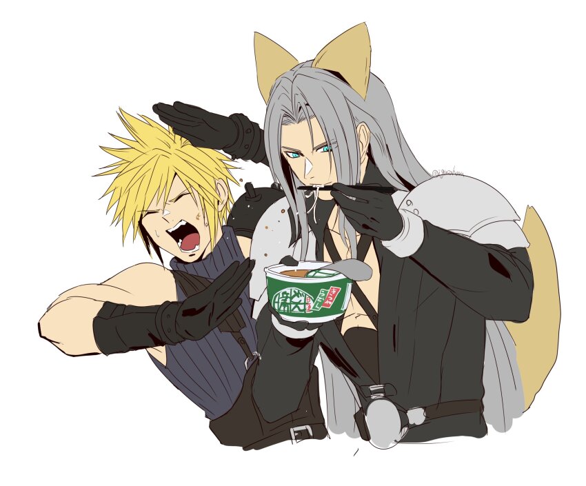 2boys animal_ears armor belt black_belt black_coat black_gloves blonde_hair blue_eyes blue_sweater bowl chest_strap chopsticks closed_eyes cloud_strife coat cropped_torso cup_ramen donbee_(food) donbei_kitsune_udon eating final_fantasy final_fantasy_vii final_fantasy_vii_remake food fox_ears fox_tail gloves grey_hair hands_up high_collar highres holding holding_bowl holding_chopsticks holding_food igusaharu instant_udon kemonomimi_mode leaning_back leaning_forward long_bangs long_hair long_sleeves male_focus multiple_belts multiple_boys nissin_donbei open_clothes open_coat parted_bangs pauldrons sephiroth shoulder_armor shouting simple_background single_pauldron sleeveless sleeveless_sweater sleeveless_turtleneck slit_pupils spiked_hair suspenders sweatdrop sweater tail turtleneck twitter_username upper_body white_background