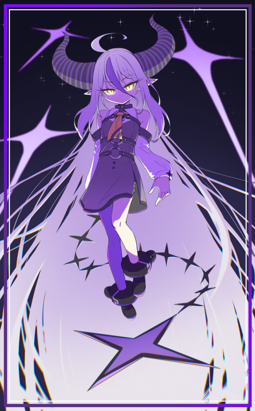 1girl absurdly_long_hair ahoge ankle_cuffs ascot black_boots black_dress boots braid closed_mouth commentary demon_horns detached_sleeves dress glowing glowing_eyes grey_hair hair_between_eyes highres hololive horns keven_(ewdx3754) la+_darknesss la+_darknesss_(1st_costume) long_hair long_sleeves looking_at_viewer multicolored_hair o-ring pantyhose pointy_ears purple_hair purple_pantyhose single_leg_pantyhose solo streaked_hair striped_horns very_long_hair virtual_youtuber yellow_ascot yellow_eyes