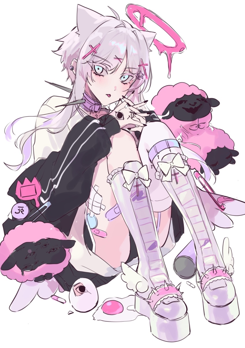 1boy androgynous animal_ears bandage_on_leg bandaid bandaid_on_leg black_jacket black_nails blood blood_halo blue_eyes boots bow can cat_ears character_request collar copyright_request creepy_eyes cross_hair_ornament drink_can ear_piercing egg egg_yolk eita_789 extra_eyes eye_tattoo eyelashes full_body garter_straps hair_ornament halo highres jacket knee_boots knee_strap light_blush liquid_halo long_hair male_focus open_mouth original piercing pill pink_halo safety_pin sheep sidelocks simple_background single_thighhigh sitting soda_can solo spiked_collar spikes star_(symbol) star_hair_ornament thighhighs white_background white_boots white_bow white_garter_straps white_hair white_thighhighs winged_footwear