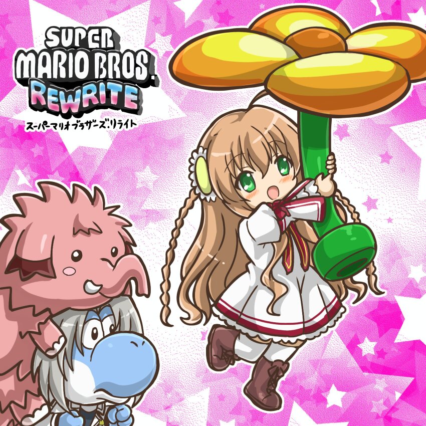 1girl absurdres ahoge animal animal_on_head blush blush_stickers boots braid brown_footwear brown_hair chibi chibi-moth cosplay dress flower green_eyes grey_hair hair_between_eyes hair_flower hair_ornament highres holding holding_flower juliet_sleeves kanbe_kotori kazamatsuri_institute_high_school_uniform light_blue_yoshi long_hair long_sleeves marihei64ds mario_(series) medium_hair nintendo on_head open_mouth parody pink_flower propeller_flower puffy_sleeves pun rewrite ribbon school_uniform simple_background smile standing standing_on_one_leg star_(symbol) super_mario_bros._wonder twin_braids very_long_hair wavy_hair white_dress wide_sleeves yellow_flower yoshi yoshino_haruhiko yoshino_haruhiko_(cosplay)