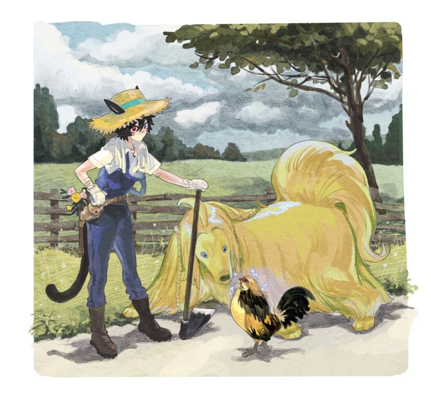 1girl afghan_hound animal animal_ears ankle_boots argos_(ff14) bandaid bandaid_on_arm belt belt_pouch bird black_hair blackcatlandr blue_eyes blue_overalls blue_sky boots border brown_boots cat_ears cat_girl cat_tail chicken chinese_commentary closed_mouth cloud cloudy_sky commentary_request day dog dot_mouth ears_through_headwear facial_mark faux_traditional_media fence final_fantasy final_fantasy_xiv flower from_side gloves grass hair_between_eyes hand_on_own_hip hat heterochromia highres hoe horizon jewelry leaf looking_at_animal miqo&#039;te outdoors overalls pendant pink_flower pink_rose pouch red_eyes rooster rose scenery shirt short_hair sky solo sparkle standing strap_slip straw_hat tail tree warrior_of_light_(ff14) white_border white_gloves white_shirt wooden_fence yellow_flower yellow_hat yellow_rose