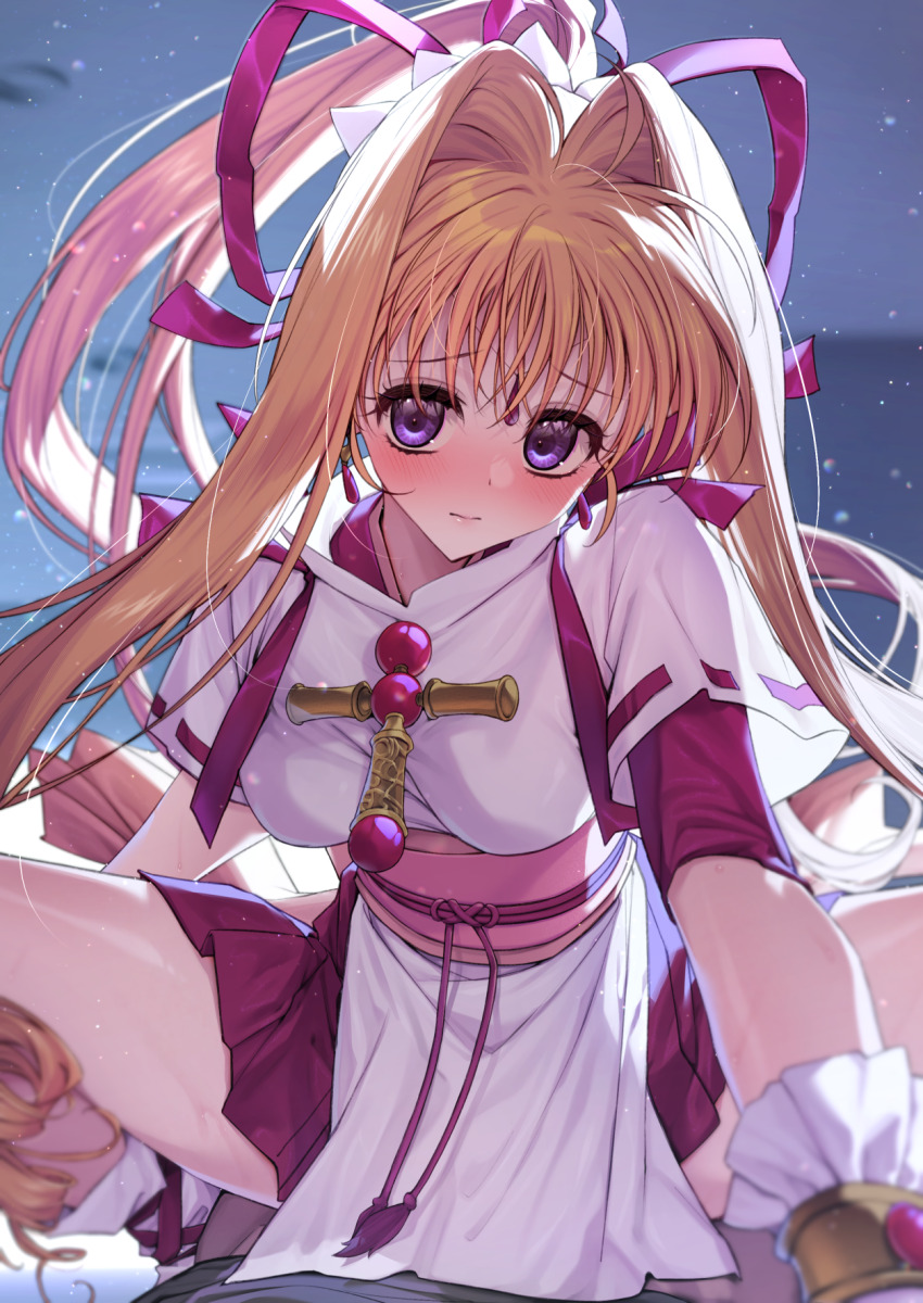 1boy 1girl ahoge alfred_(artist) blonde_hair blue_background blush boots bow breasts closed_mouth clothed_sex covered_penetration cowgirl_position cross cross_necklace dot_nose earrings girl_on_top gloves hair_bow hair_intakes head_tilt hetero highres implied_sex jewelry kaitou_jeanne kamikaze_kaitou_jeanne knee_boots kusakabe_maron large_variant_set long_hair looking_at_viewer magical_girl medium_breasts necklace obi ponytail purple_eyes raised_eyebrows red_bow red_skirt sash shirt skirt squatting_cowgirl_position straddling variant_set white_footwear white_gloves white_shirt