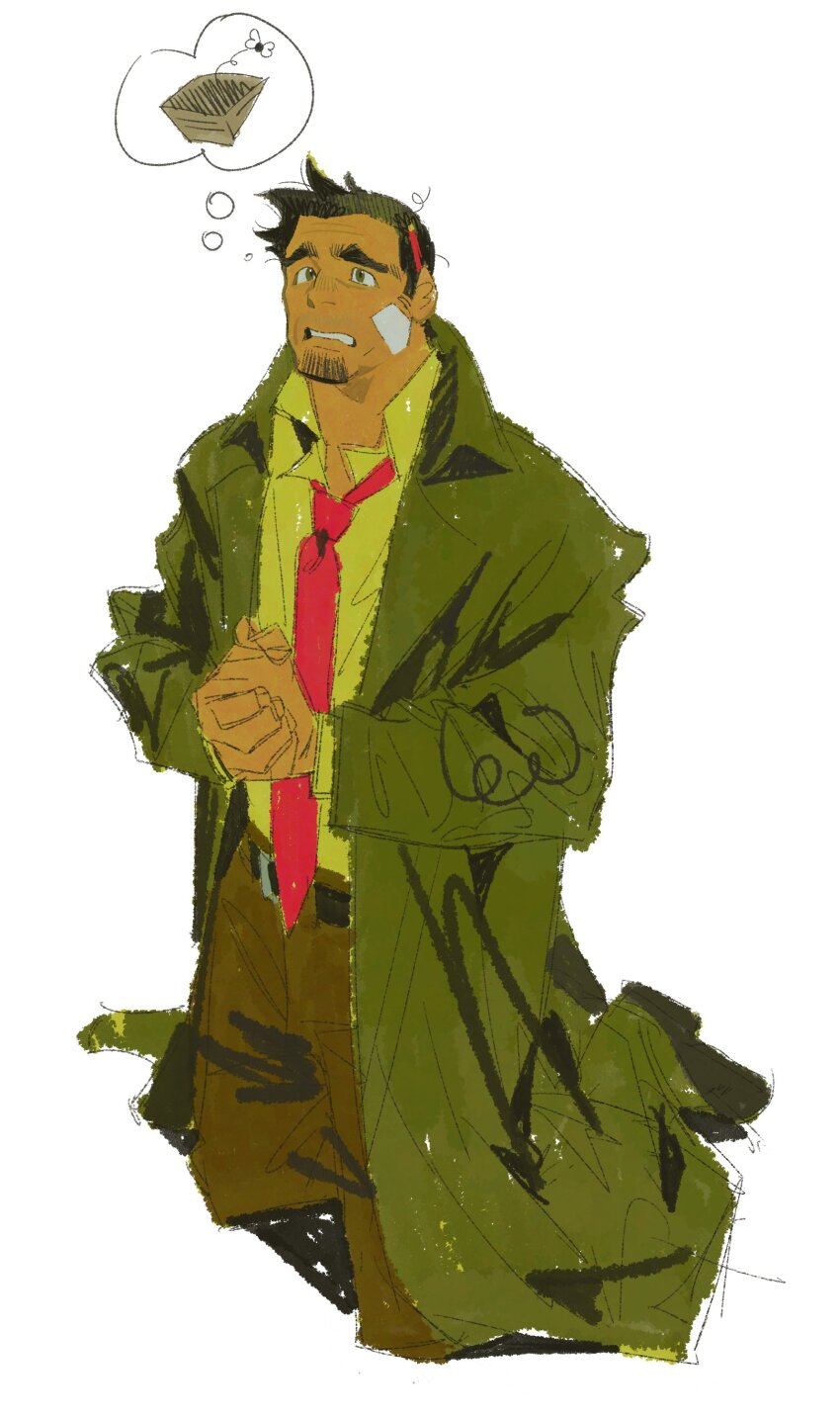 1boy absurdres ace_attorney bandaid bandaid_on_cheek bandaid_on_face bug coat cropped_legs dick_gumshoe facial_hair fly furrowed_brow goatee_stubble green_coat highres insect looking_ahead male_focus mature_male messy_hair mr_kasuy necktie own_hands_together palms_together pencil_behind_ear poverty red_necktie short_hair sideburns sketch speech_bubble stubble thought_bubble worried
