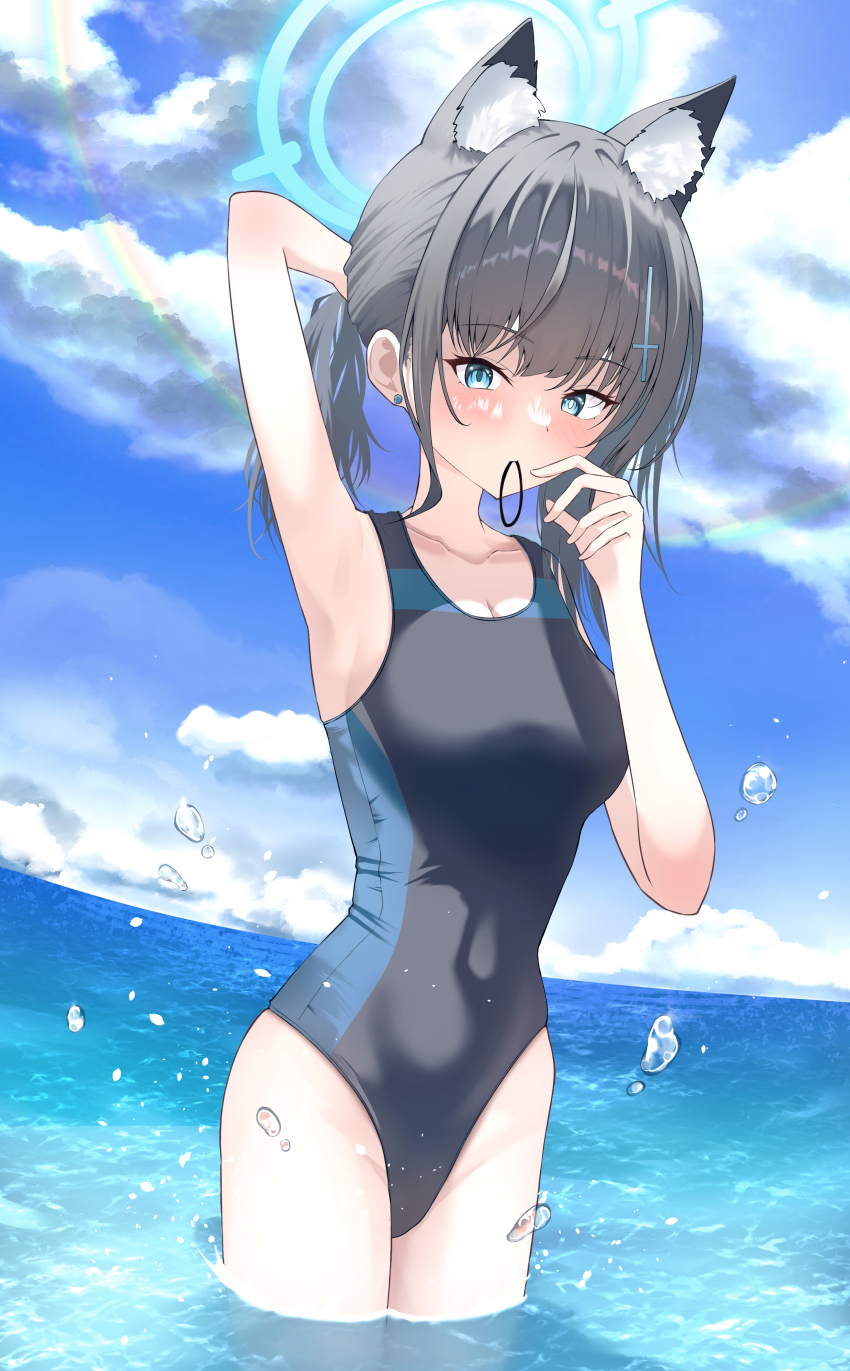 1girl absurdres animal_ear_fluff animal_ears armpits black_one-piece_swimsuit blue_archive blue_eyes blue_sky breasts cloud competition_swimsuit covered_navel cowboy_shot cross_hair_ornament day emio_luyo extra_ears grey_hair hair_ornament hair_tie halo highres horizon low_ponytail medium_breasts medium_hair mismatched_pupils mouth_hold multicolored_swimsuit ocean official_alternate_costume one-piece_swimsuit outdoors ponytail presenting_armpit rubber_band shiroko_(blue_archive) shiroko_(swimsuit)_(blue_archive) sky solo standing swimsuit wading wolf_ears