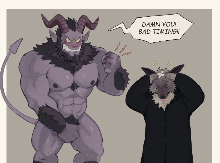 2boys abs angry bara biceps black_cloak blank_eyes blush chest_tuft clenched_hand clenched_teeth cloak colored_sclera crossed_bandaids demon demon_horns demon_tail english_text furry furry_male goat_horns highres horns injury k0bit0wani large_pectorals male_focus multiple_boys muscular muscular_male original pectorals pointy_ears simple_background tail tearing_up teeth tongue tongue_out tusks yellow_sclera