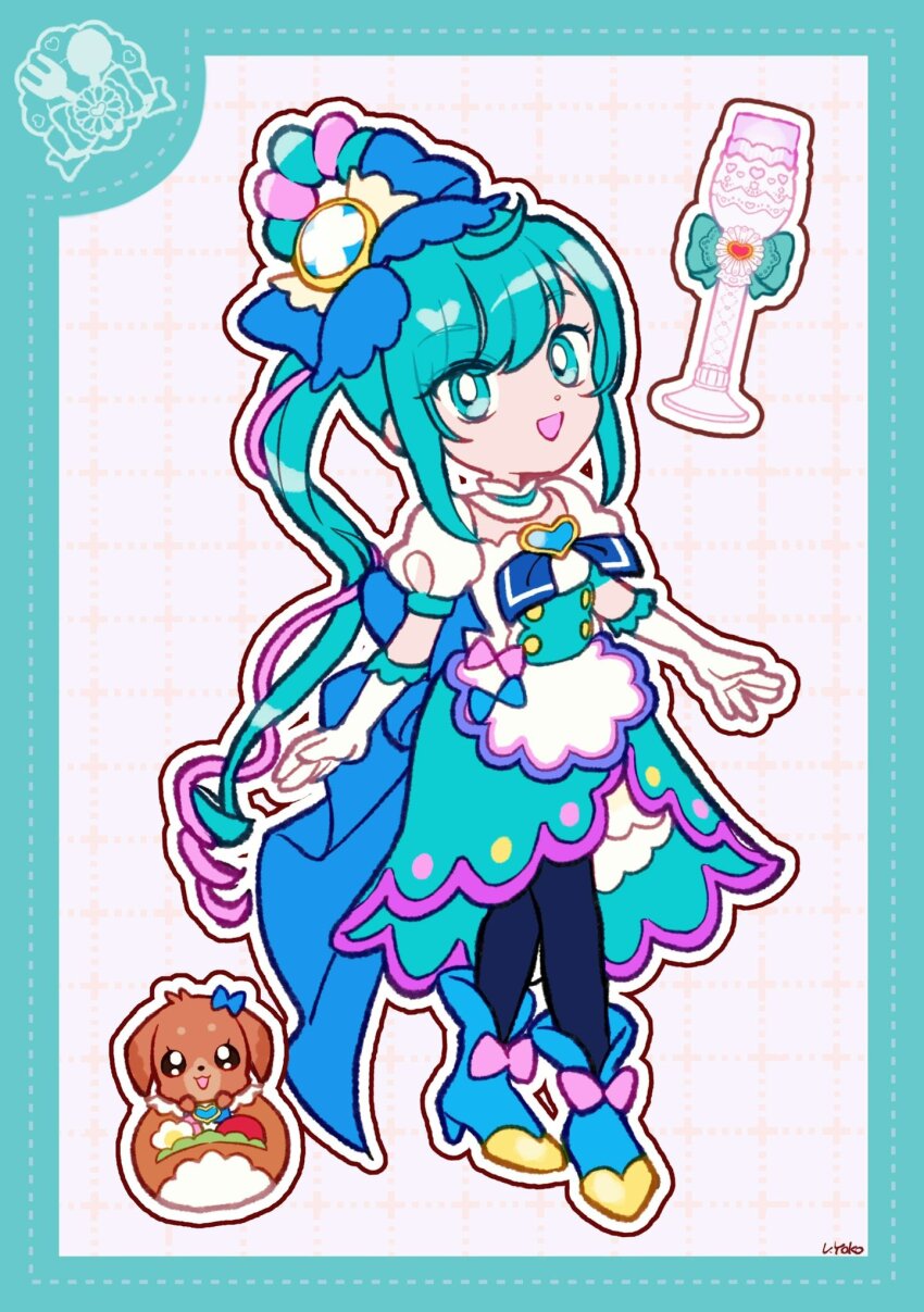 1girl apron aqua_border aqua_choker aqua_eyes aqua_hair aqua_skirt back_bow black_pantyhose blue_boots blue_bow blue_bowtie blue_brooch boots border bow bow_apron bowtie braid braided_hair_rings brooch buttons choker cure_spicy deformed delicious_party_precure dot_nose dotted_line drill_hair elbow_gloves eyelashes eyes_visible_through_hair footwear_bow frilled_choker frilled_gloves frills full_body fuwa_kokone gloves grey_background grid_background hair_bow hair_ornament hair_rings happy heart heart_brooch high_heel_boots high_heels highres jewelry large_bow long_hair looking_at_viewer loose_hair_strand magical_girl medium_skirt multicolored_hair open_mouth outline pam-pam pantyhose petticoat pink_bow pink_hair precure puffy_short_sleeves puffy_sleeves shirt short_sleeves side_ponytail side_slit signature single_hair_ring skirt smile standing streaked_hair swept_bangs two-tone_hair uwded_207 very_long_hair waist_apron wand wavy_hair white_apron white_gloves white_outline white_shirt