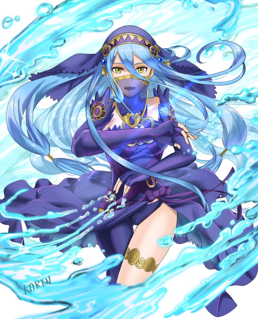 absurdres asymmetrical_legwear azura_(fire_emblem) azura_(lady_of_ballads)_(fire_emblem) blue_hair elbow_gloves fingerless_gloves fire_emblem fire_emblem_fates gloves hair_between_eyes headdress highres jewelry karrincorrin long_hair mouth_veil nintendo pendant single_leg_pantyhose solo uneven_legwear veil very_long_hair yellow_eyes