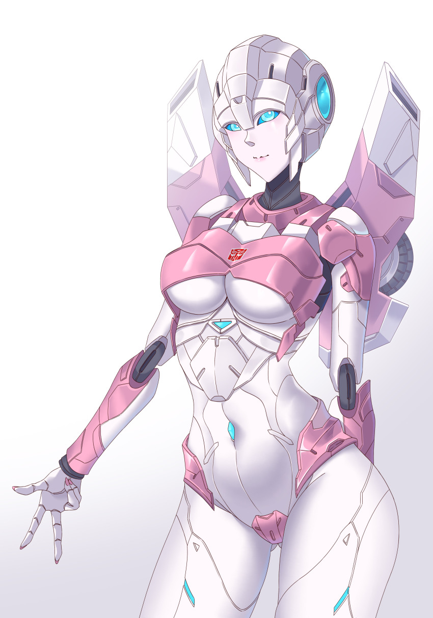 absurdres arcee autobot blue_eyes blue_sclera breasts cleavage colored_sclera crotch_plate flame_toys flame_toys_arcee helmet highres humanoid_robot innoarukugyou insignia medium_breasts metal_skin navel robot robot_girl science_fiction thighs transformers underboob