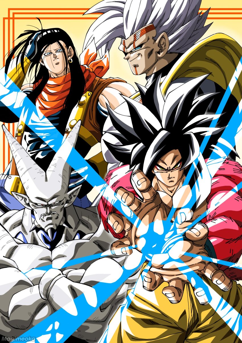 baby_vegeta dragon_ball dragon_ball_gt highres kamehameha_(dragon_ball) looking_at_viewer muscular muscular_male omega_shenron red_fur serious son_goku super_17 tagme transformation