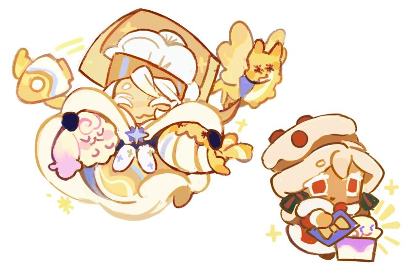 1girl 1other :3 ^_^ boots brown_hat cape chibi chis74 closed_eyes cookie_run cookie_run:_ovenbreak dragon dreamweaver_cookie hair_ribbon hat peppernut_cookie ponytail rabbit red_eyes ribbon rocket simple_background smile whale white_background white_boots white_cape white_hair