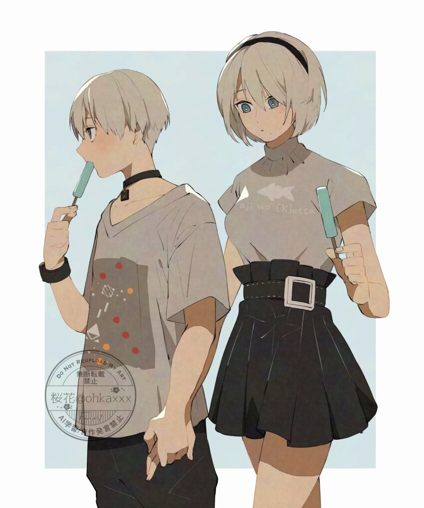 1boy 1girl 2b_(nier:automata) 9s_(nier:automata) artist_name belt belt_buckle black_belt black_choker black_hairband black_pants black_skirt blue_background blue_eyes border breasts buckle casual choker couple cowboy_shot eating food hair_between_eyes hairband hetero highres holding holding_food holding_hands holding_ice_cream ice_cream ice_cream_bar loose_clothes loose_shirt medium_breasts mole mole_under_mouth nier:automata nier_(series) ouka_(stan) pants pendant_choker print_shirt shirt short_hair short_sleeves skirt t-shirt turtleneck turtleneck_shirt white_border white_hair wristband