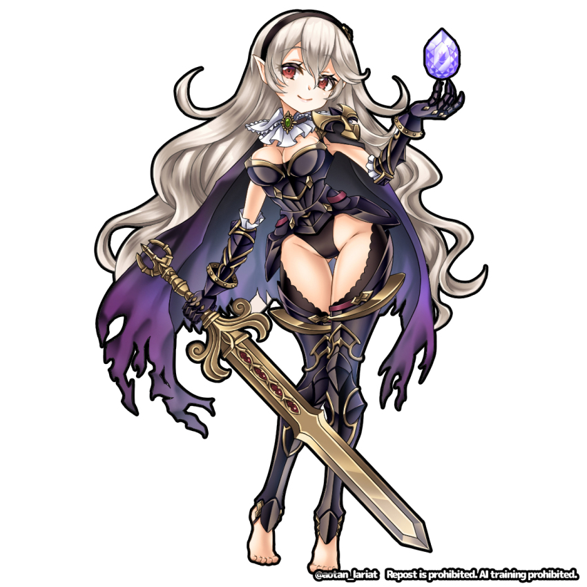1girl armored_gloves barefoot black_headband black_panties breasts cape cleavage dragonstone english_text female_corrin_(fire_emblem) female_corrin_(nohr_noble)_(fire_emblem) fire_emblem fire_emblem_fates full_body headband highres holding holding_sword holding_weapon leg_armor long_hair looking_at_viewer medium_breasts nintendo panties pointy_ears red_eyes simple_background smile solo standing sword underwear weapon white_background white_hair yato_(fire_emblem) yukiomi_haku