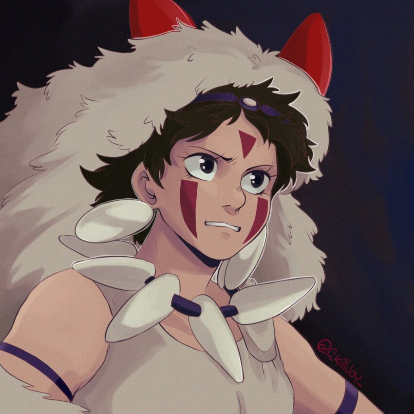 1girl arm_strap black_eyes black_hair commentary conch derivative_work english_commentary facepaint highres jewelry mica_(c_killjoy) mononoke_hime necklace pelt portrait san_(mononoke_hime) screenshot_redraw signature solo tooth_necklace twitter_username