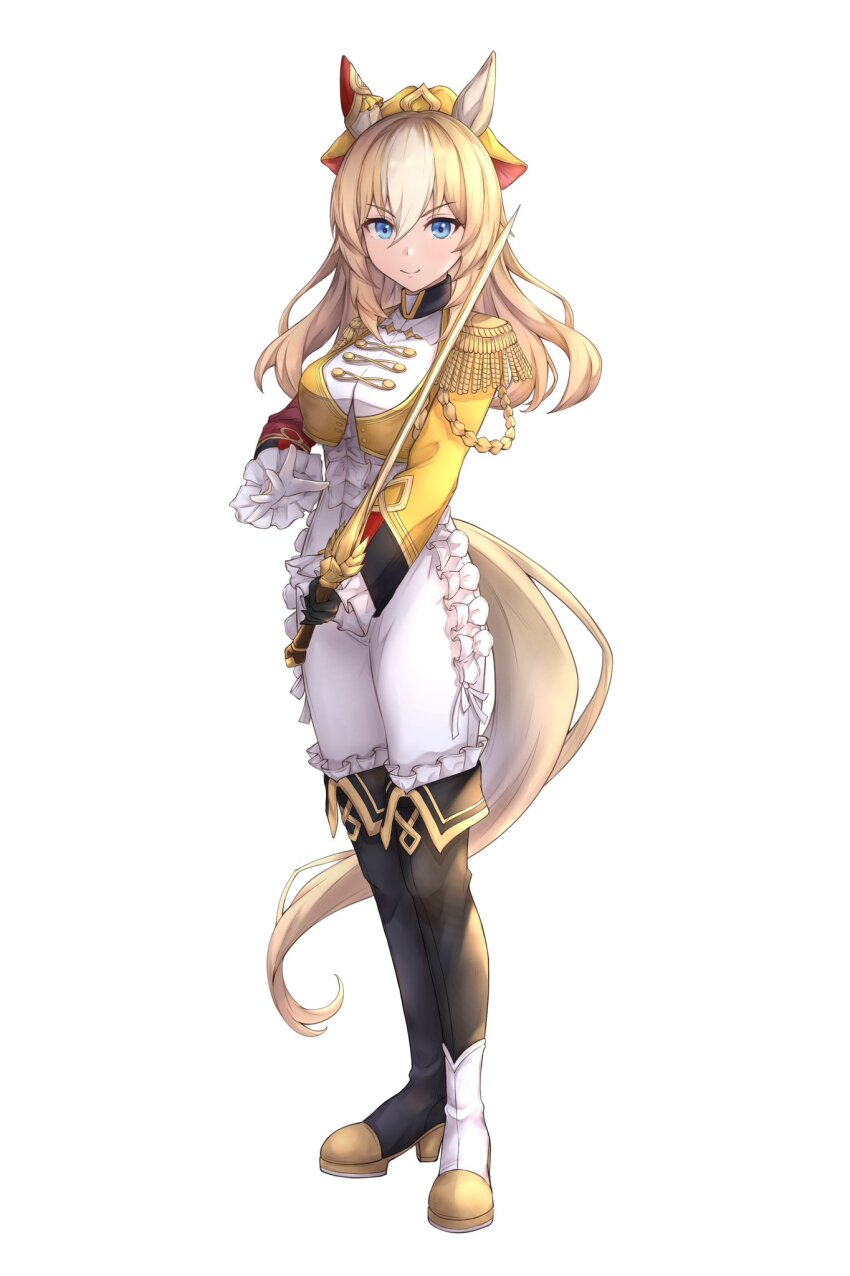 1girl animal_ears black_boots blonde_hair blue_eyes bodysuit boots commentary_request durandal_(umamusume) ear_covers epaulettes frilled_bodysuit full_body hair_between_eyes highres horse_ears horse_girl horse_tail long_hair looking_at_viewer multicolored_hair peperoncino-sama signature simple_background single_ear_cover solo tail two-tone_hair umamusume white_background white_bodysuit white_hair