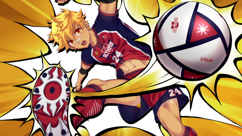 1boy armband artist_collaboration ball bandaid bandaid_on_face black_armband blonde_hair clothes_lift highres jock_studio_(blits_games) jockstrap leo_mendez_(jock_studio) looking_at_viewer male_focus male_underwear male_underwear_peek mikkoukun non-web_source official_art open_mouth orange_eyes red_shorts red_socks shirt_lift shoes short_hair shorts soccer_ball socks solo sun_symbol teeth tongue underwear underwear_peek upper_teeth_only yellow_male_underwear zamius
