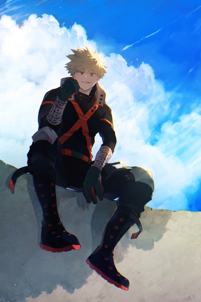 1boy bakugou_katsuki black_pants black_shoes blonde_hair boku_no_hero_academia boots cloud elbow_on_knee full_body gloves highres knee_pads long_sleeves looking_at_viewer male_focus multicolored_gloves official_alternate_costume pants parted_lips red_eyes ryo_(piggerworld) shoes short_hair sitting sitting_on_wall sky smile solo spiked_hair superhero_costume teeth