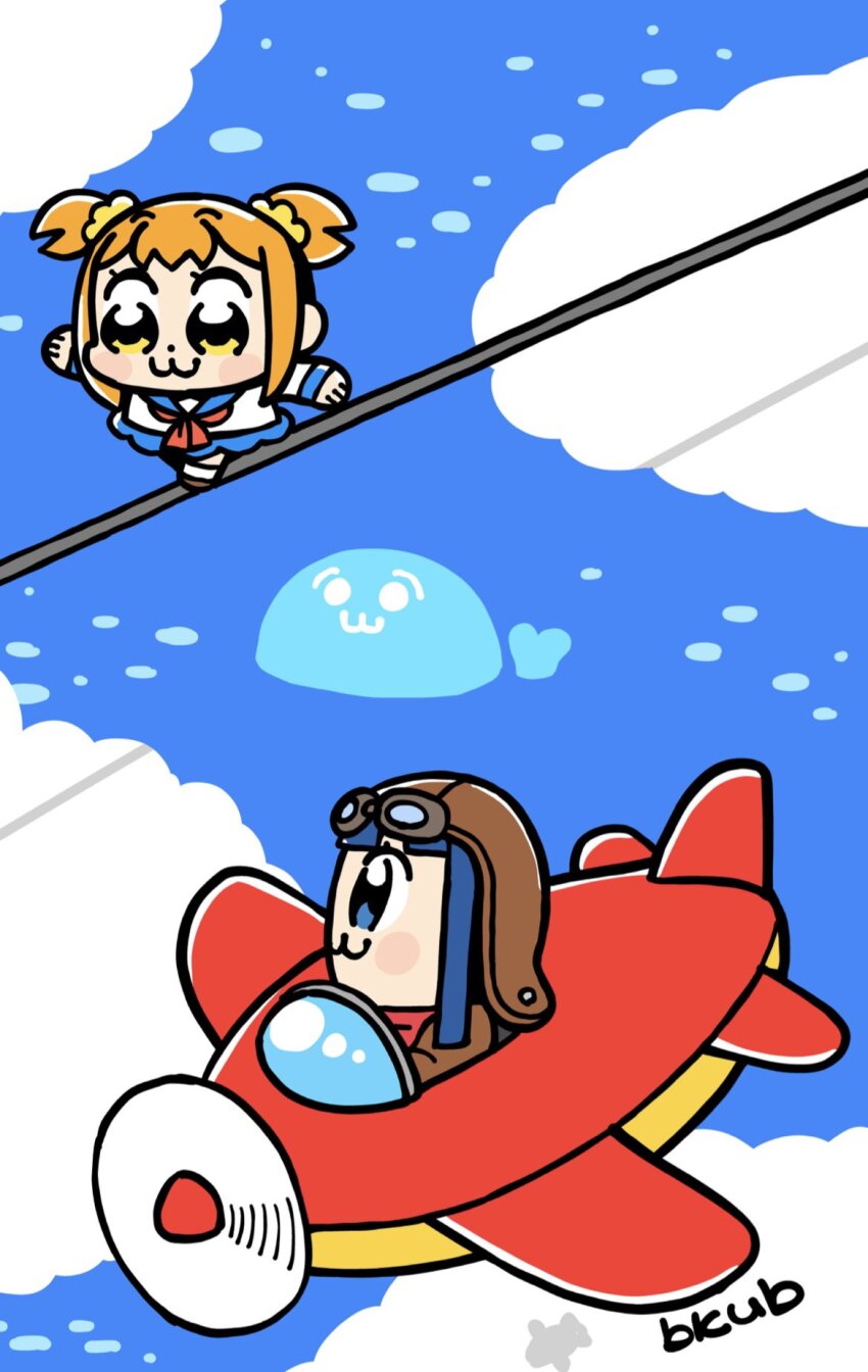 2girls :3 aircraft airplane artist_name aviator_cap bkub blue_eyes blue_hair blue_sailor_collar blue_skirt blunt_bangs blunt_ends blush_stickers brown_footwear brown_hat brown_jacket chibi chibi_only closed_mouth cloud dark_blue_hair dot_nose aviator_goggles goggles goggles_on_headwear hair_ornament hair_scrunchie hat highres jacket long_hair long_sleeves multiple_girls neckerchief ocean official_art orange_hair pipimi poptepipic popuko red_neckerchief sailor_collar school_uniform scrunchie serafuku shirt shoes short_hair sidelocks signature skirt socks tightrope two_side_up water whale white_shirt white_socks yellow_eyes yellow_scrunchie