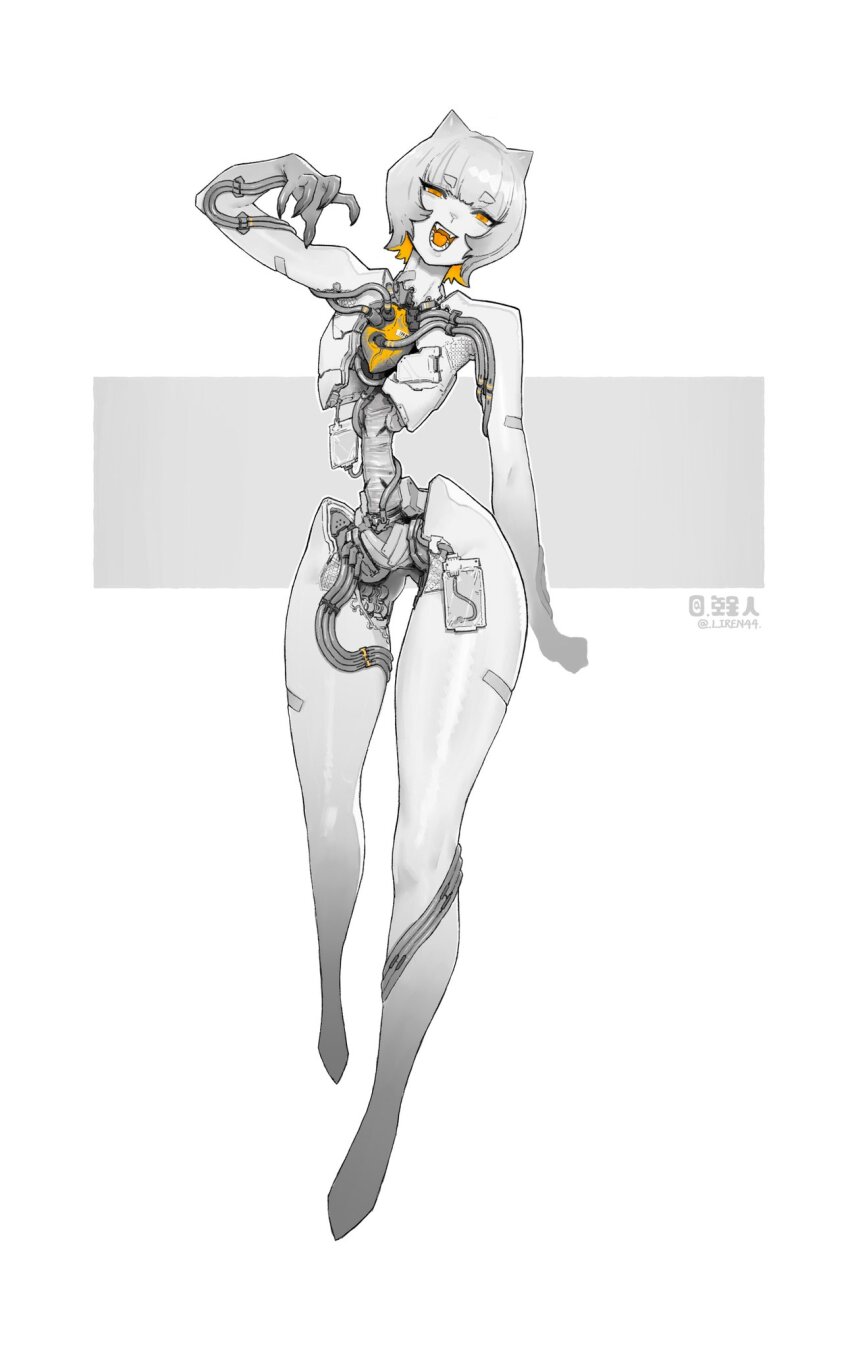1girl barefoot blonde_hair colored_tongue completely_nude cyborg exposed_heart fangs fingernails full_body highres horns liren44 looking_at_viewer mechanical_heart multicolored_hair nude open_mouth original partially_colored sharp_fingernails short_hair simple_background smile solo spot_color standing teeth tube twitter_username white_background wire yellow_eyes yellow_tongue