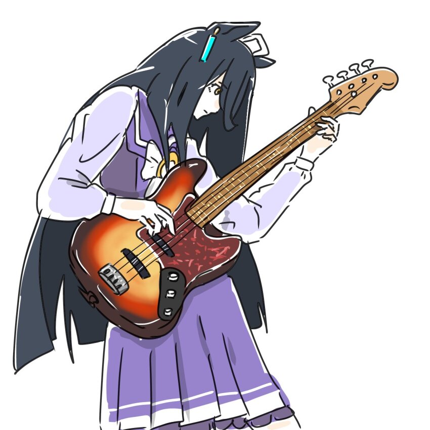 1girl ahoge animal_ears bass_guitar black_hair blunt_ends bow bowtie closed_mouth commentary cowboy_shot derivative_work ear_ornament bass_guitar expressionless fender_jazz_bass hair_over_one_eye head_down highres holding holding_bass_guitar holding_instrument horse_ears horse_girl horseshoe_ornament instrument long_hair long_sleeves manhattan_cafe_(umamusume) multicolored_hair music otomodachi_(kuriuni0) photo-referenced playing_bass_guitar playing_instrument pleated_skirt purple_sailor_collar purple_serafuku purple_shirt purple_skirt real_life sailor_collar sailor_shirt school_uniform serafuku shirt simple_background skirt solo standing tracen_school_uniform two-tone_hair umamusume very_long_hair white_background white_bow white_bowtie white_hair yellow_eyes
