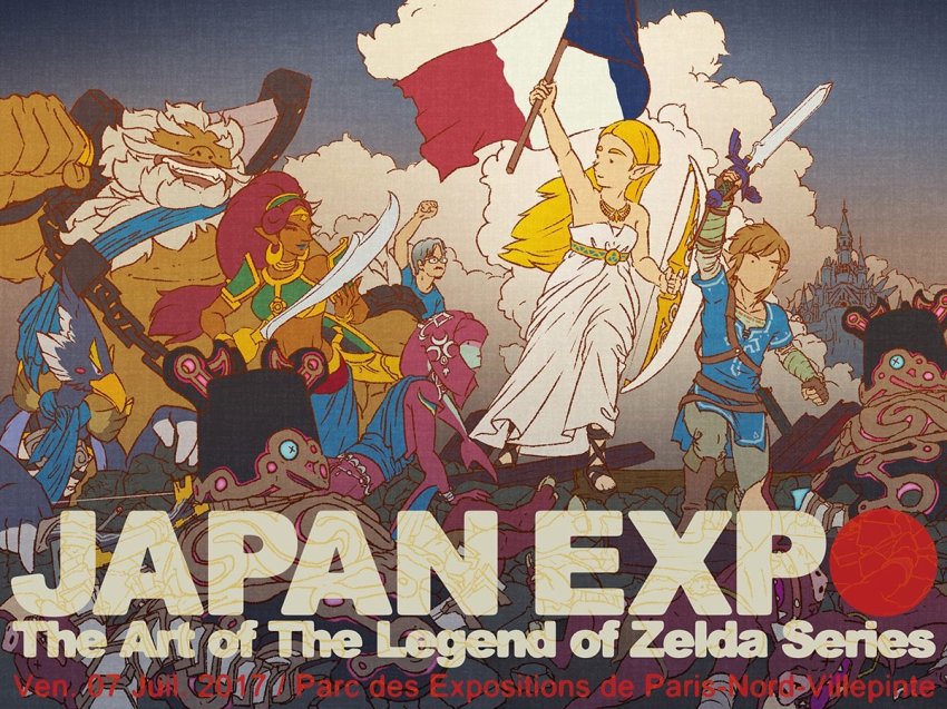aonuma_eiji blonde_hair bow_(weapon) castle daruk dated dress fine_art_parody fish_girl french_flag french_text goron guardian_(zelda) jewelry liberty_leading_the_people link long_hair master_sword mipha monster_girl multiple_boys multiple_girls nintendo official_art parody pointy_ears princess_zelda revali rito sandals sword text_focus the_legend_of_zelda the_legend_of_zelda:_breath_of_the_wild urbosa weapon white_dress zora