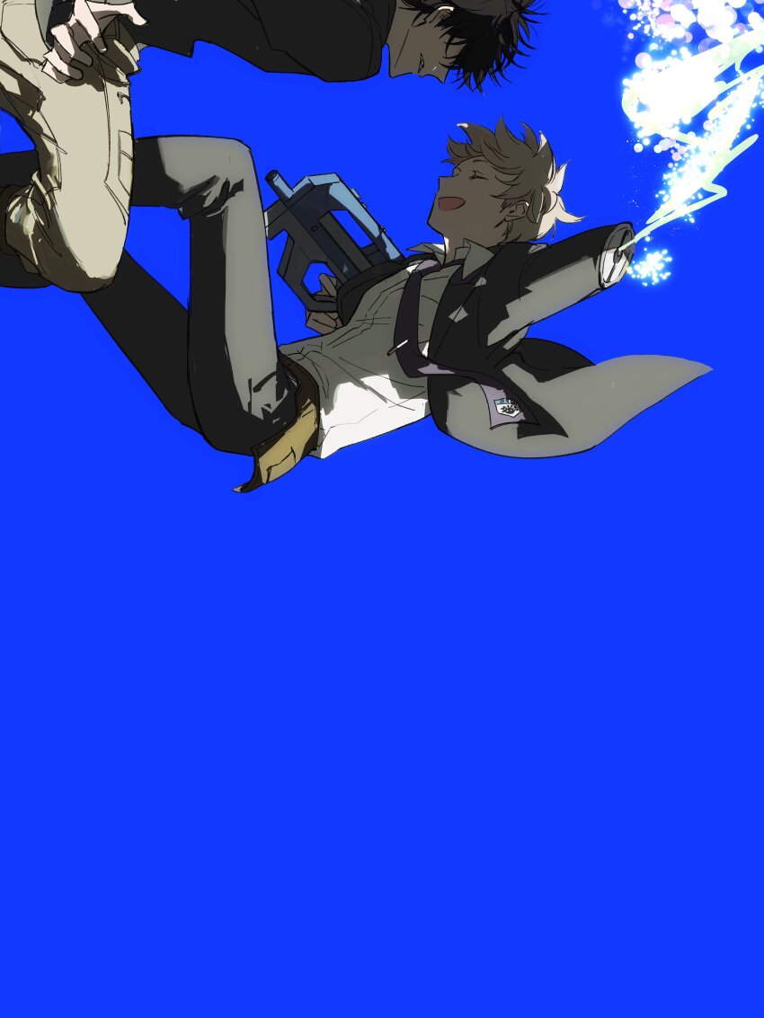 2boys ^_^ absurdres aiming amputee battle black_hair black_jacket black_necktie black_pants blonde_hair blue_background claw_pose clenched_teeth closed_eyes collared_shirt commentary dress_shirt english_commentary facing_another falling formal_clothes from_side glowing grey_pants highres htr_wiwi inukai_sumiharu jacket kageura_masato laughing light_brown_hair long_sleeves male_focus midair multiple_boys necktie outstretched_arm pants sharp_teeth shirt short_hair simple_background smoke suit teeth tie_clip uniform white_shirt world_trigger