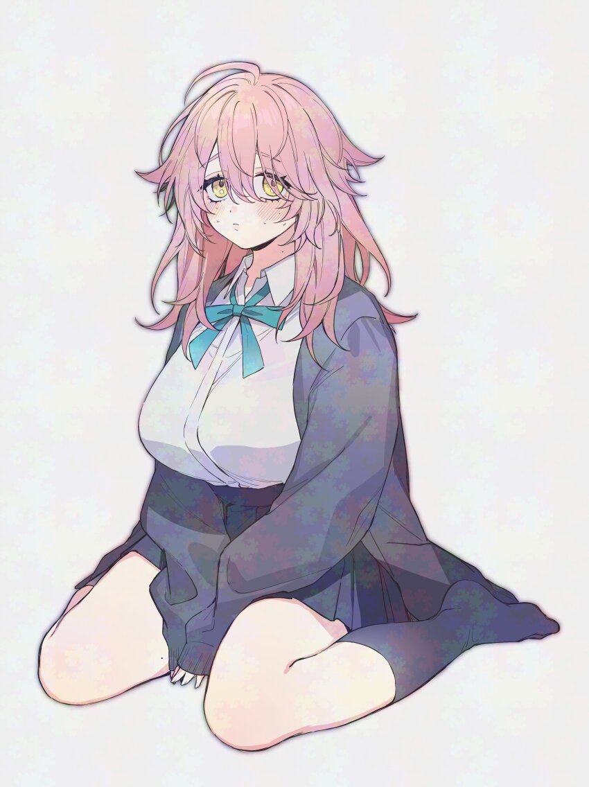 1girl absurdres between_legs black_skirt blush breasts cardigan closed_mouth collared_shirt commentary_request eyelashes grey_background hair_between_eyes hand_between_legs highres io_(ooioo) kneehighs large_breasts long_hair long_sleeves looking_at_viewer mole mole_on_neck mole_under_eye multiple_moles open_clothes original pink_hair pleated_skirt shirt shirt_tucked_in simple_background sitting skirt sleeves_past_wrists socks solo sweat wariza white_shirt yellow_eyes