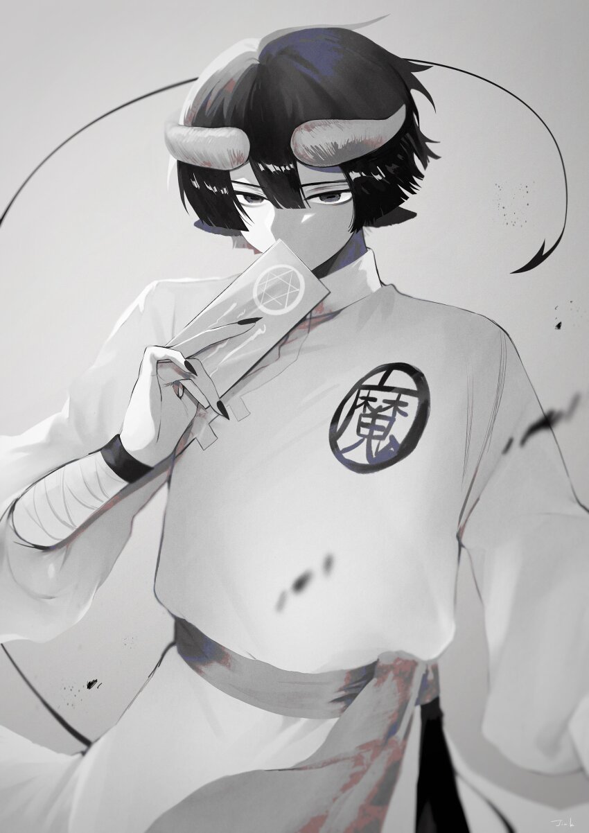 1boy absurdres alternate_costume chinese_clothes commentary_request covered_eyes demon_cleric demon_tail fingernails highres holding holding_ofuda horns jin_loading long_fingernails male_focus maou-jou_de_oyasumi ofuda short_hair solo tail