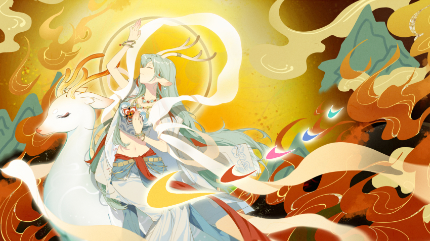 1girl a_deer_of_nine_colors animal_ears antler_ring antlers arknights bangle blue_shirt bracelet breasts chinese_commentary closed_eyes closed_mouth coat coat_on_shoulders colorful crop_top deer deer_ears earrings facing_up feet_out_of_frame from_side horns indai_(3330425) jewelry long_hair medium_breasts multicolored_hair navel necklace nine-colored_deer red_hair riding sash shirt silver_hair skirt solo stomach strapless strapless_shirt streaked_hair two-tone_hair white_coat white_skirt yellow_background